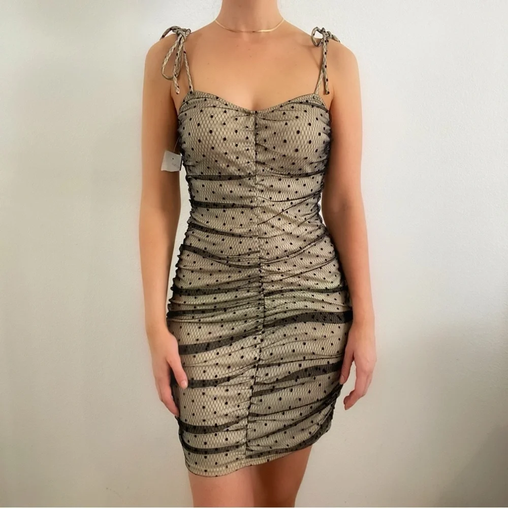 Papaya nude black Swiss dot lace overlay scrunch bodycon tie strap mini dress